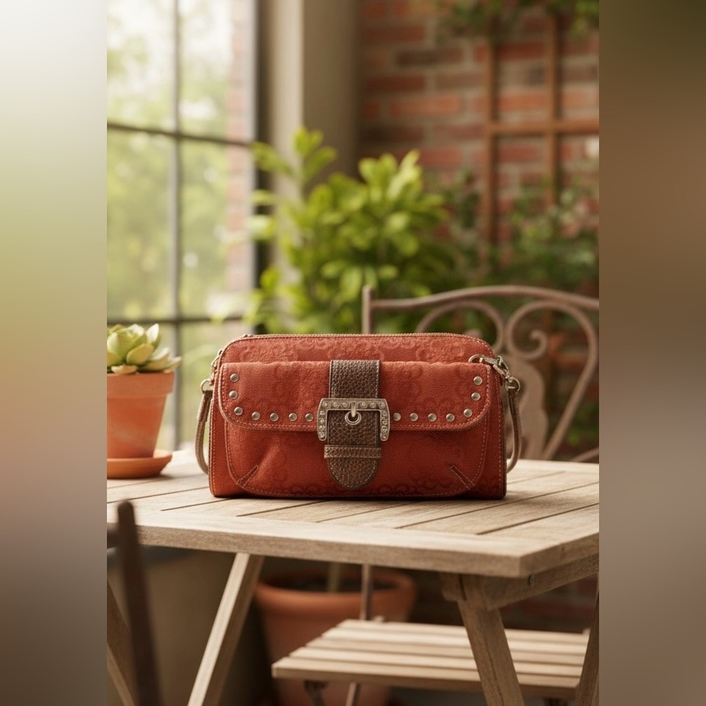 Kathy Van Zeeland Red Jacquard Studded Crossbody Bag Buckle Accent Purse